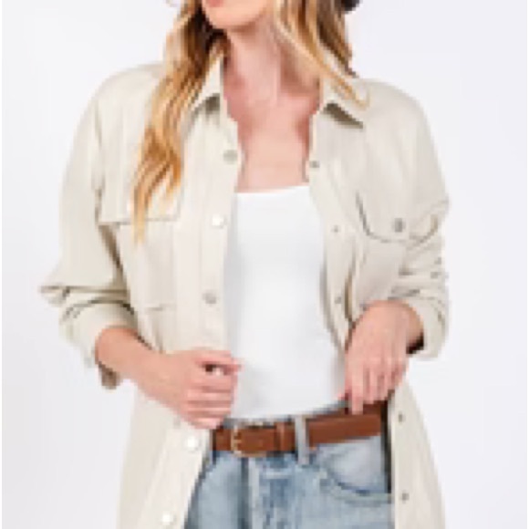 Sage+ Fig  Lightweight Faux Leather Button-Up Shacket - Cream - Picture 2 of 3